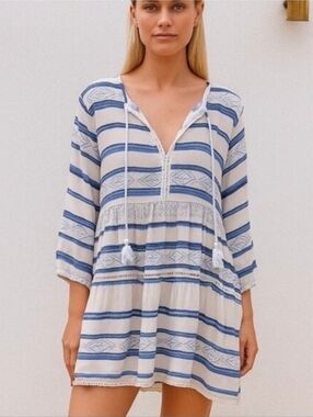 Aspiga Sophia Striped Kaftan Mini Dress - Blue & White Size M